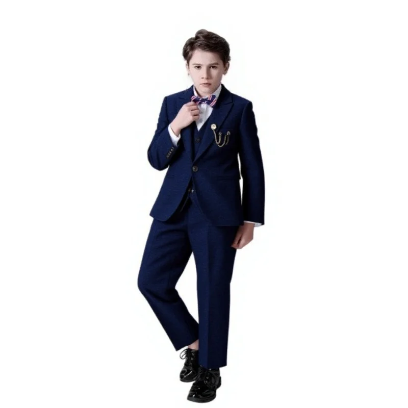 

Детский темно-синий костюм с курткой, жилетом, брюками, галстуком-бабочкой, брошью, цветочным узором для мальчиков, свадебным нарядом, детская официальная одежда для дня рождения