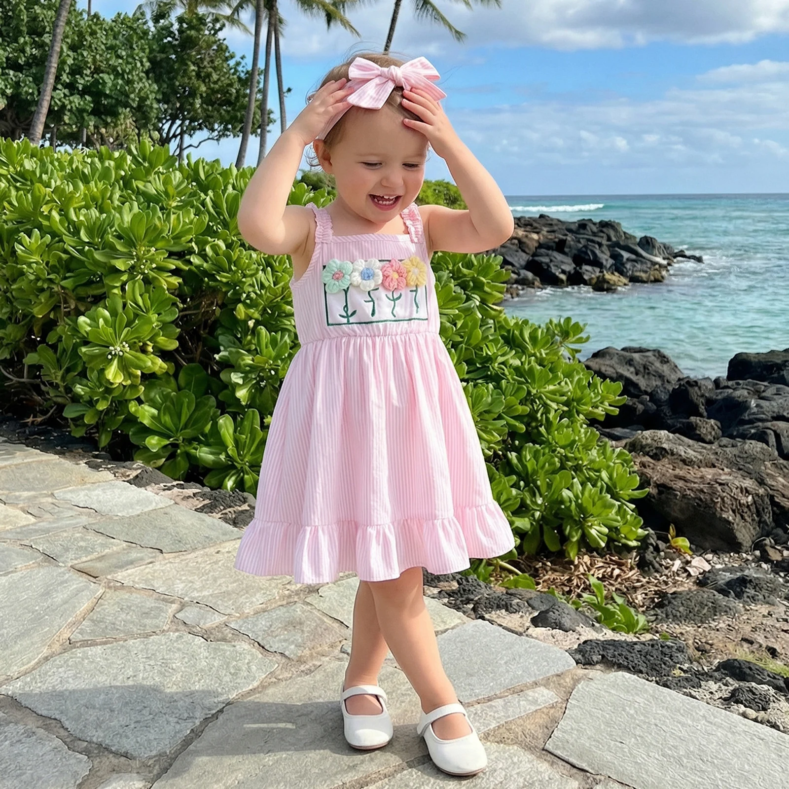 1-4Y Toddler Baby Girl Summer Dress Decorative Flower Striped Ruffled Trim Sleeveless A Line Dress Bow Headband 2 Pcs Set