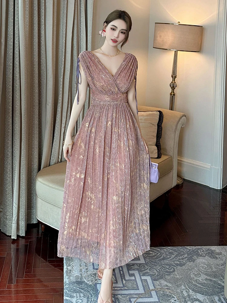 Summer Fashion Sparkly Bright Silk Evening Dress Women Clothing Pink Sweet Sexy Deep V-Neck Slim Party Prom Robe Vestidos Fiesta