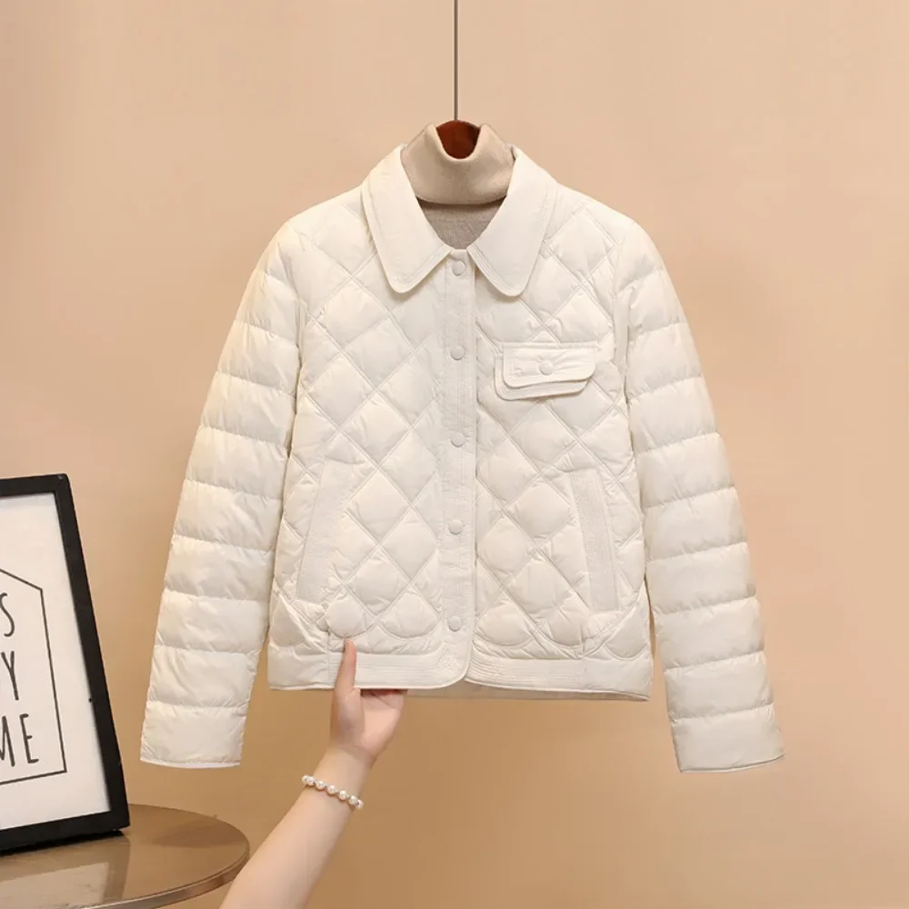 2024 New Winter Turn-down Collar Simple Casual Fashion Warm Down Coat Female Korean Office Lady White Duck Down Jacket Women