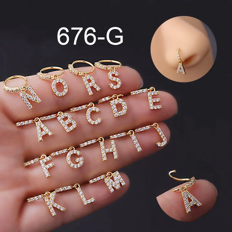 2022 Stainless Steel With A to Z Letters Alphabet Cz Nose Hoop Dangling Nose Ring for Women Piercing Jewelry