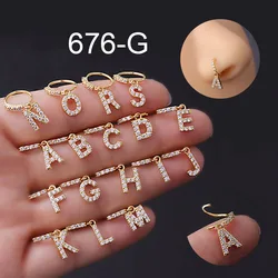 2022 Stainless Steel With A to Z Letters Alphabet Cz Nose Hoop Dangling Nose Ring for Women Piercing Jewelry