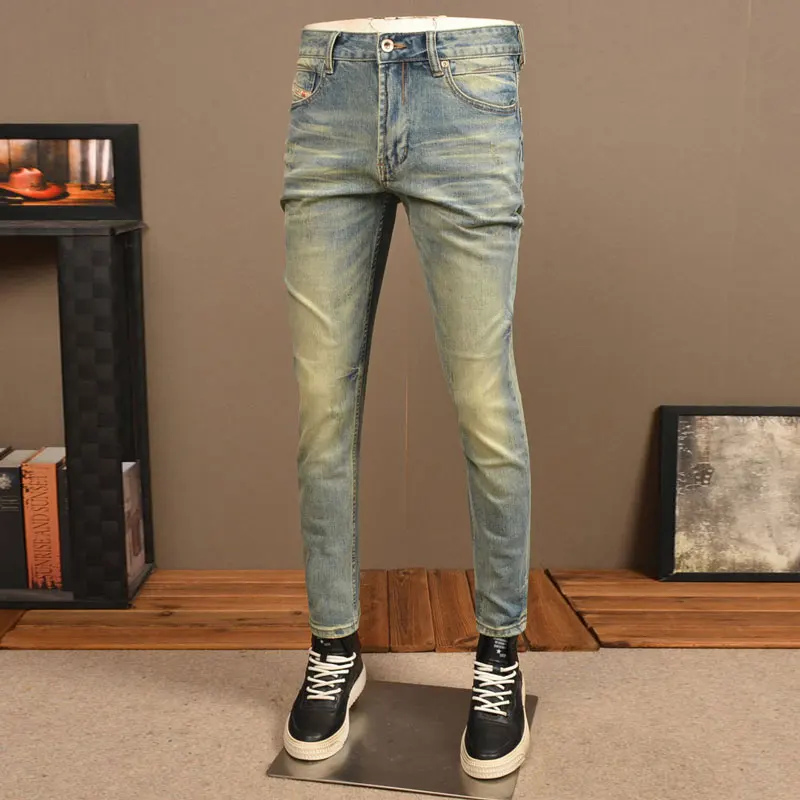 Italian Style Fashion Men Jeans High Quality Retro Washed Blue Stretch Slim Fit Ripped Jeans Men Vintage Designer Denim Pants