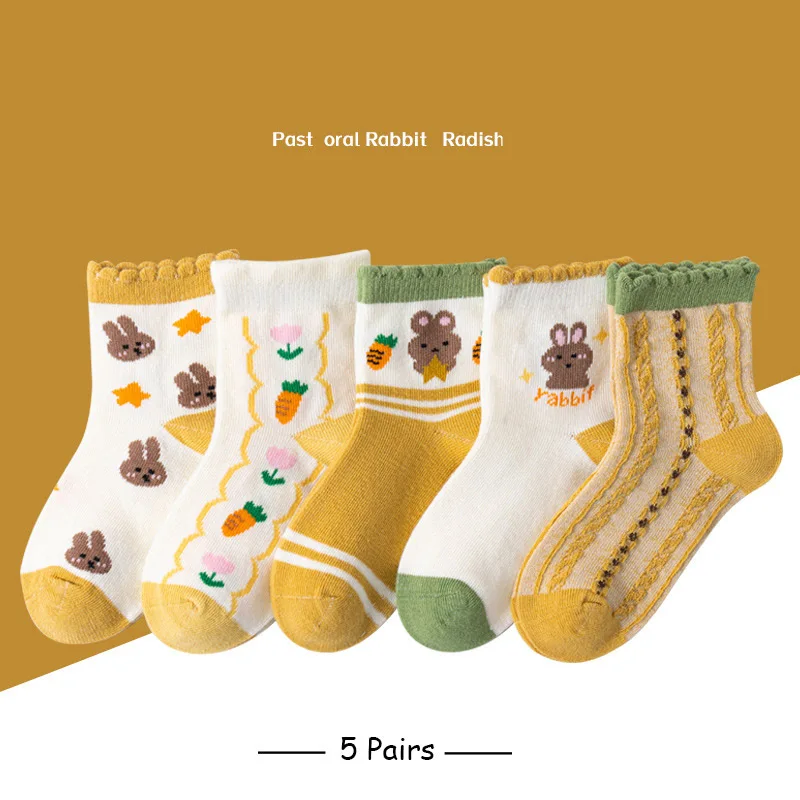 5 Pairs Children Rabbit Carrot Pattern Socks Sweet Ruffle Cuff Soft Cotton Comfortable Breathable Crew Socks For Little Girls