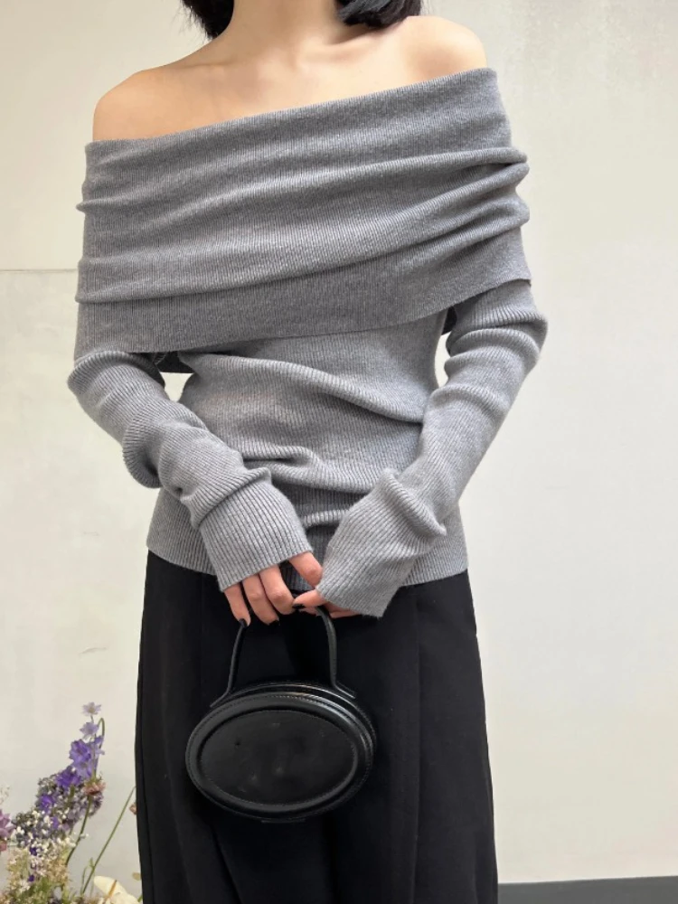 Soft Chic Women Pullovers 2026 Autumn Winter Off Shoulder Women Sweaters Elegant Vintage Knitted Solid Jumper High Stretch Top