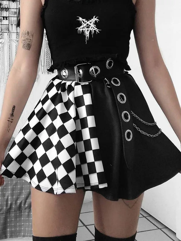 High Waist Plaid Color Block  Skirt Sexy Summer A-Line Skirt Commute Style Polyester Fiber Dark Girl Series Contrast Color