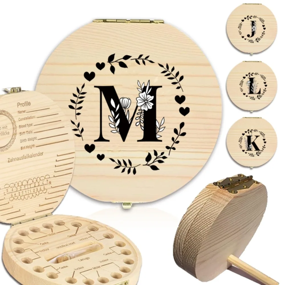 Wooden Childrentooth Box Lost Teeth Saver Case Organizer Durable Keepsake Umbilical Cord Box Holder Garland Letter Pattern