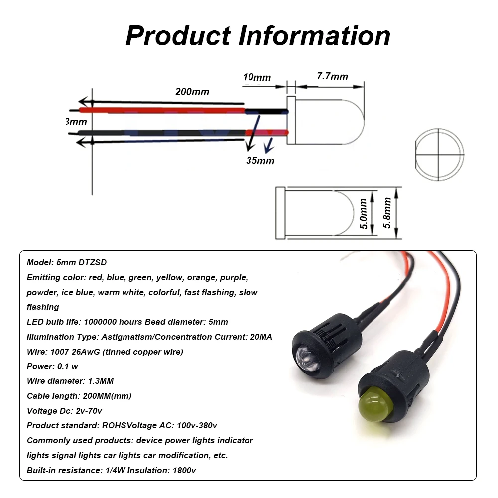 Lámpara de luz LED con diodos emisores, 10 piezas, 5mm, 20cm, bombilla LED precableada para bricolaje, decoración del hogar, coche, reequipamiento