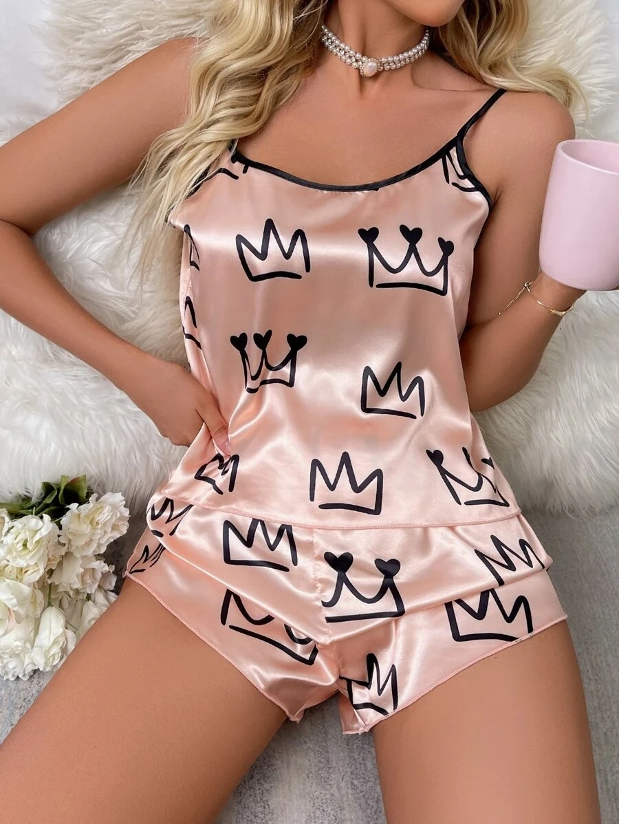 Sexy Pajama Set Women Lingerie Satin Silk Spaghetti Strap Top Hot Shorts Soft Sleep Crown Print Sleepwear 2 Piece Femme Pijamas