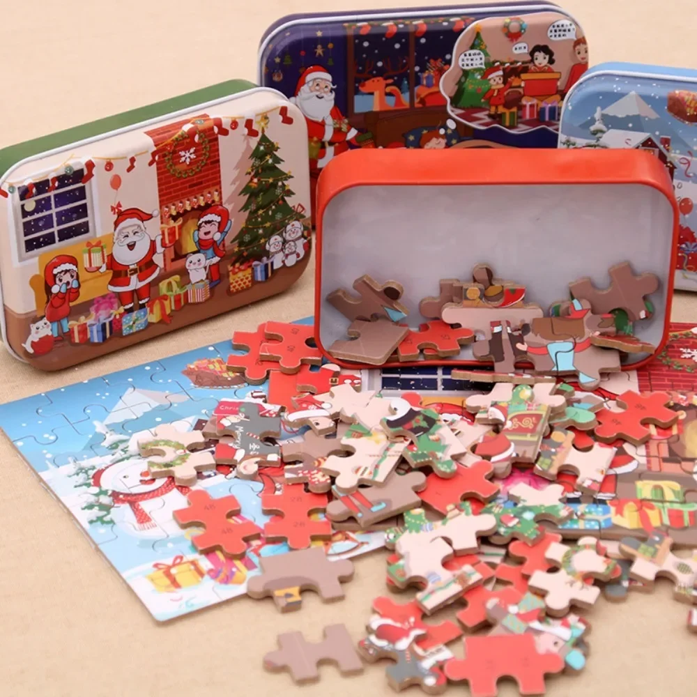 60Pcs Christmas Wooden Jigsaw Puzzle Double-Sided Santa Puzzle with Iron Box Kids Educational DIY Toy Kindergarten Holiday Gifts