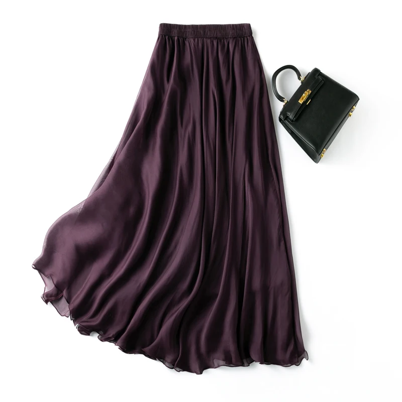 Birdtree 100%Real Silk Chiffon Crepe Skirt Women Fashion Elegant Elastic Waist Vacation Skirts Office Lady Party New B3N655QM