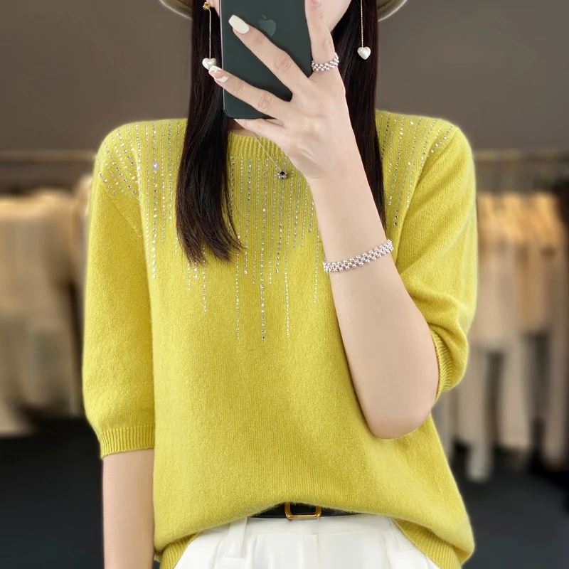 Women's Summer Top With Diamond Round Neck T-shirt Seamless 100% Fine Spin Wool Knitted Short Sleeve Korean Fit Y2K Sweater