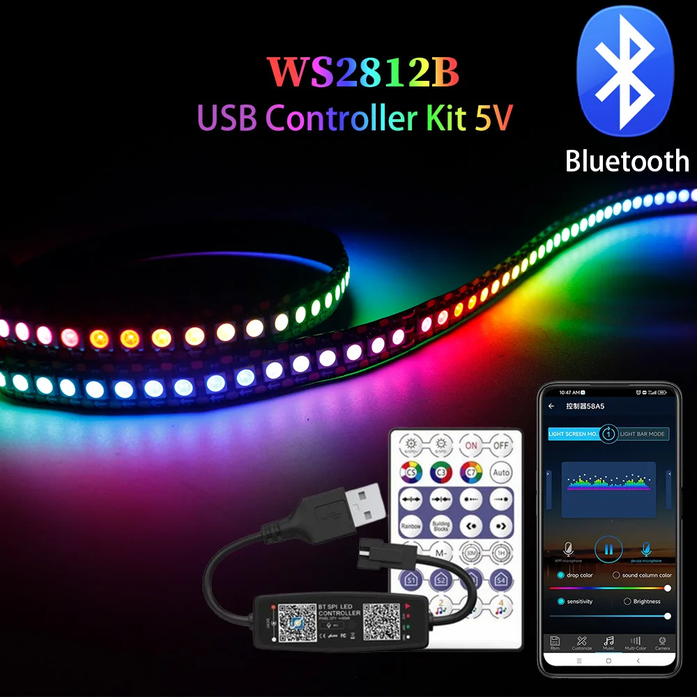 Светодиодная лента WS2812B, 5 в постоянного тока, 30/60/74/96/144 светодиодов/м, Bluetooth, Музыкальный USB-контроллер, комплект, Dreamcolor, индивидуально Адресуемая Светодиодная лента RGB