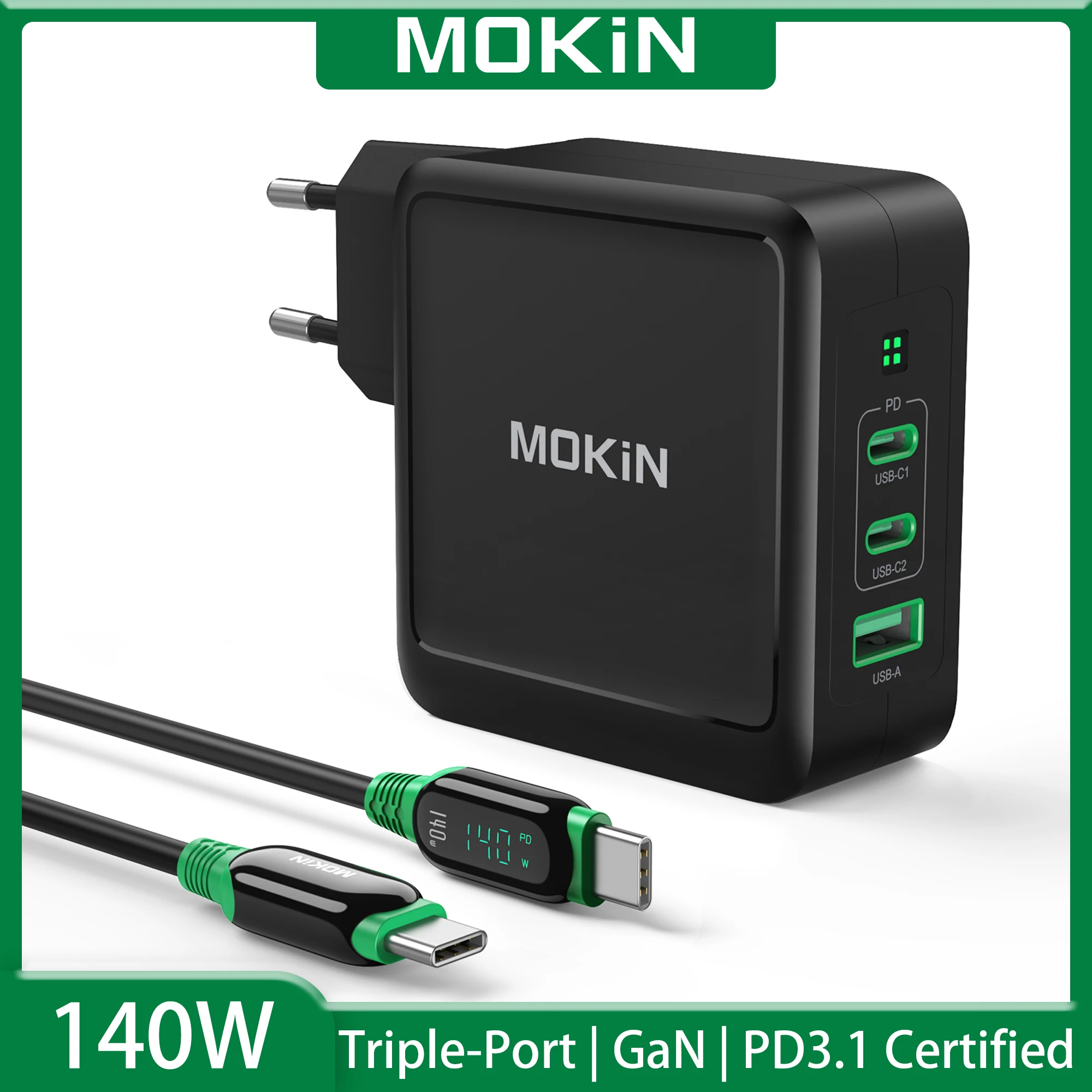 MOKiN 140W GaN Fast Charger USB Type C Charger EU UK PD 3.1 Quick Wall Charge Adapter for iPhone 16 Xiaomi Huawei Samsung