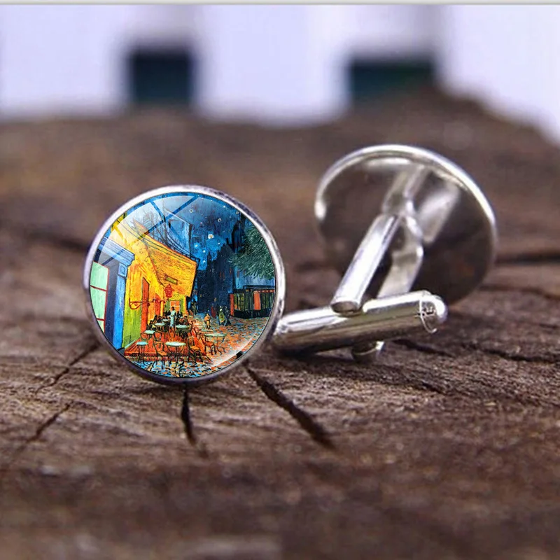 Van Gogh Oil Painting Glass Alloy Cufflinks Starry Night Sunflower Set Cufflinks Men\'s Shirt Cuff Nails Button Accessories