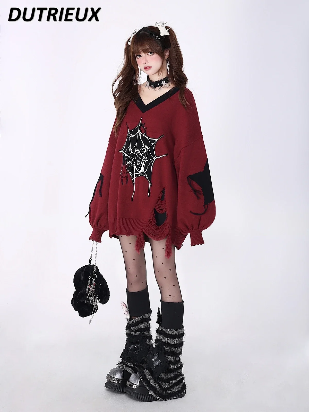 Black and Red Color Matching Long Sleeve Original V-neck Sweater Autumn Winter New Outdoor College Style Sweet Pullover