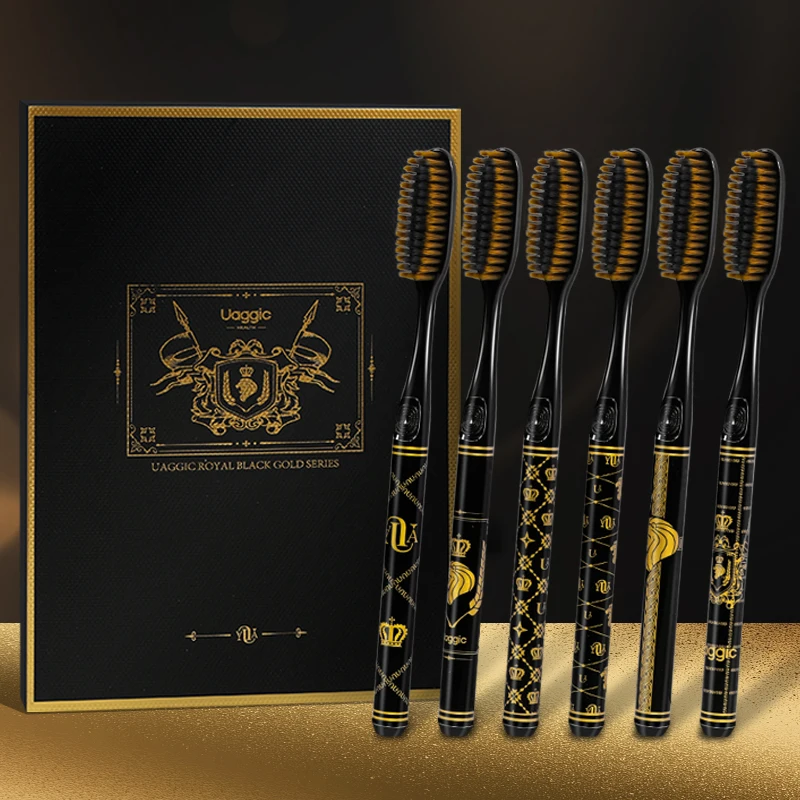 Uaggic [6-pcs gift boxes] Hot-selling black gold series household soft bristle toothbrush