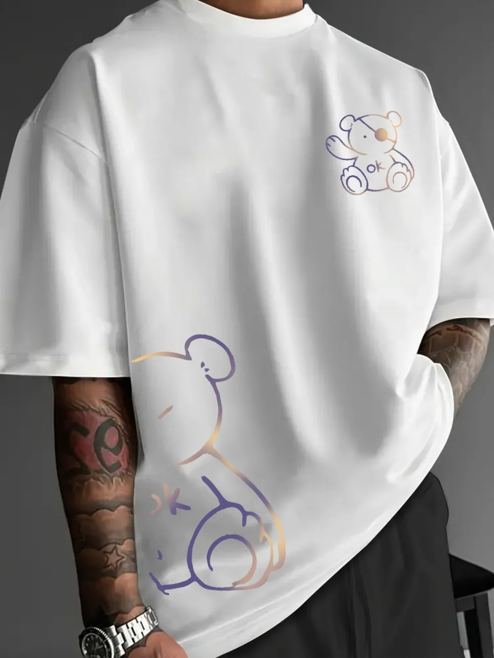 Fashionable men's summer gradient teddy bear letter print micro elastic breathable round neck T-shirt outdoor urban casual top