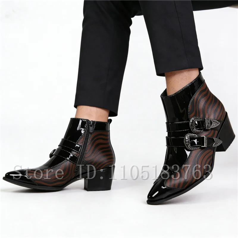Fashion Men's Zebra Stripe Patent Leather Ankle Boots Buckle Straps High Heelstylish Dress Boots for Party, Nightclub