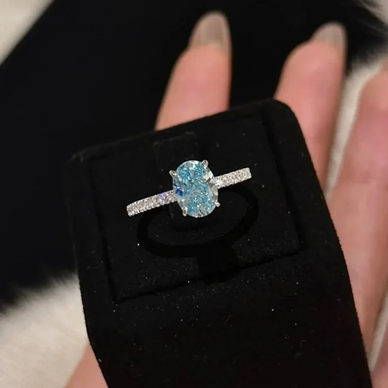 Romantic Lady Aquamarine Diamond Ring 100% Real 925 Sterling Silver Engagement Wedding Band Rings for Women Promise Jewelry