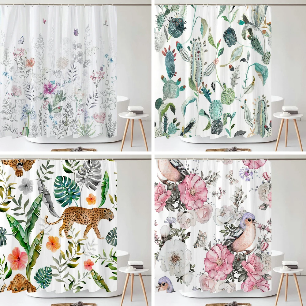 Watercolour FlowersLeaves Shower Curtain Morden Art Floral Waterproof Fabric Bathroom Curtains Room Decor Curtain With Hooks