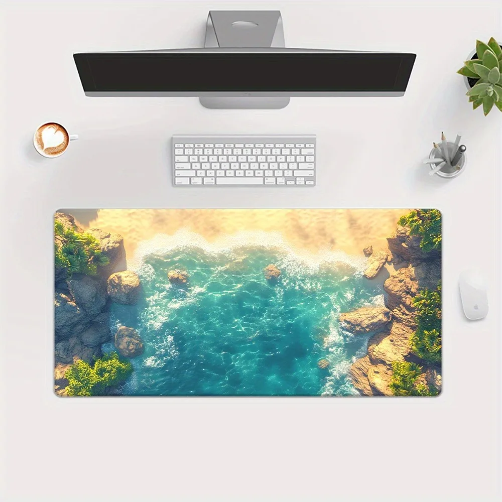 High-definition printed table mat featuring beach waves, coral reefs and patterns, suitable for keyboard gaming mouse pads