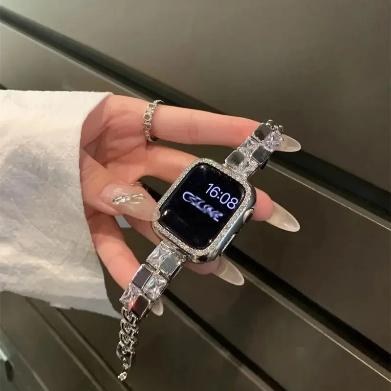 Correa de diamante de lujo para iWatch Ultra 9 8 7 42mm 45mm 49mm chica BlingBling correa de Metal para Apple Watch 38mm 40Mmm 41mm 6 5 SE 4