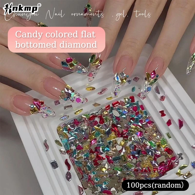 Doces Soda Crystal Nail Charms, Fundo Apontado, Diamante Brilhante, Multi Decorações Cut, Acessórios de Manicure, 100Pcs