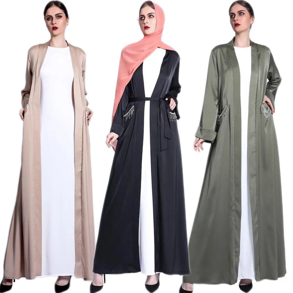 

Elegant Muslim Abaya Kaftan Open Kimono Women Luxury Rhinestone Tassel Cardigan Party Evening Satin Maxi Robe Gown Middle East