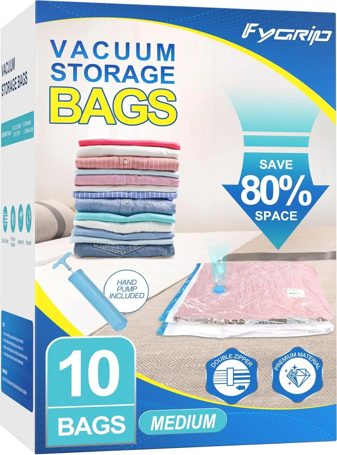 Bolsas de Almacenamiento al Vacío con Bomba Manual, Ahorro de Espacio del 80% para Ropa y Viajes, 10 Medianas