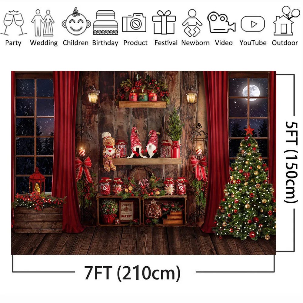 Mocsicka Wooden Wall Floor Christmas Backdrop for Photo Studio Christmas Tree Dolls Window Moon Child Birthday Photo Background