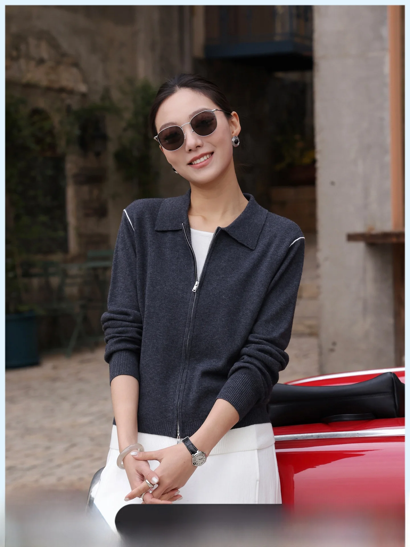 

Fashionable Double Zipper Color Block Knit Top Women's Casual Style Regular Fit Lightweight Breathable Spring New Arrival