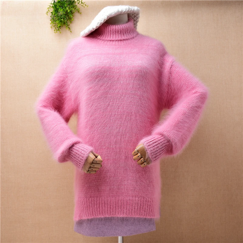 Ladies Women Autumn Winter Pink Hairy Mink Cashmere Knitted Turtleneck Long Sleeves Split Slim Blouses Pullover Sweater Jumper