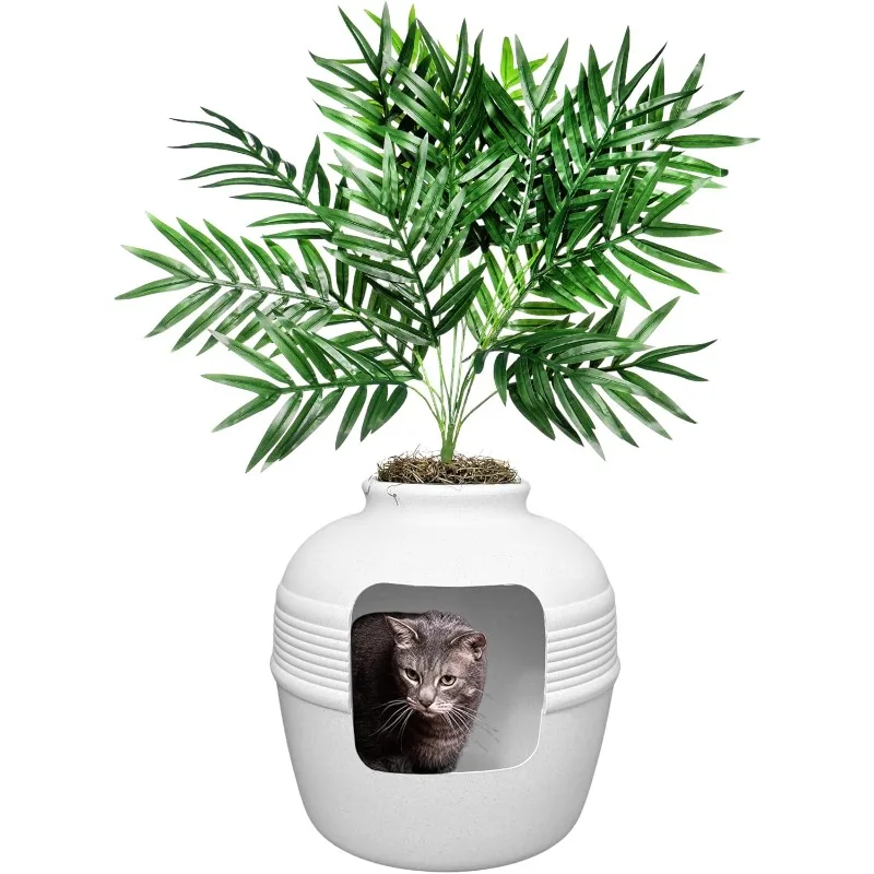 

Hidden Litter Box Base Kit, Round Enclosed Cat Planter Furniture with Fake Plant, Hooded Vented Carbon Filter System for Odor