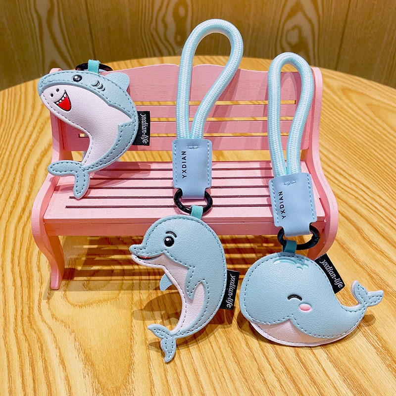 

High Quality Blue Dolphin Shark Bag Charm Keyring Jewellery Multi-Purpose Leather Backpack Pendant With Lanyard Keychain