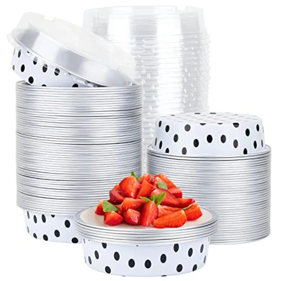 

Формы для тарталеток с крышками, 100 шт., 4 дюйма, 8 унций, одноразовые, из алюминиевой фольги, круглые, маленькие контейнеры для индивидуальных кексов, десертов, маффинов