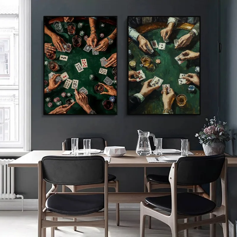 Casino Stylish Poker Night Print Poster Playing Cards and Cocktails Luxurious Party Canvas Painting Wall Art for Room Home Decor