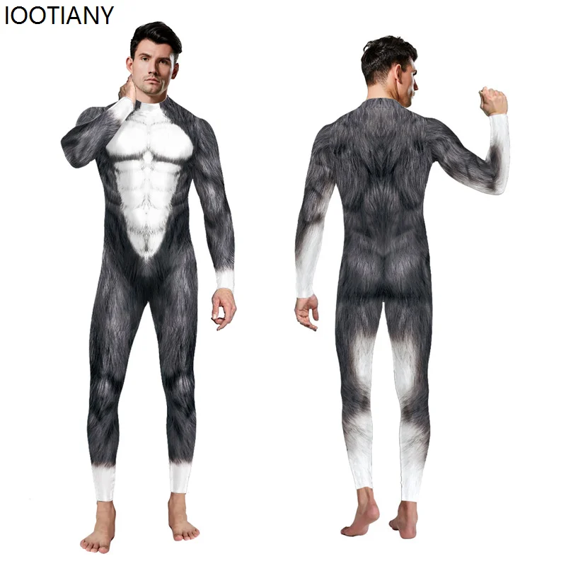 Mono de Cosplay con estampado de Lobo y zorro Husky para hombre, mono de fantasía de animales para adultos, traje Zentai para fiesta de vacaciones, Catsuits Rave