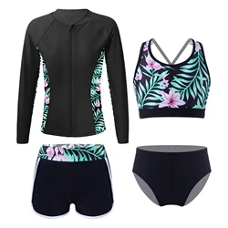 Kids Girls 4 Pcs Upf 50+ Swim Cover Up Sets Long Sleeve Zip Up Rashguard Shirts Tankini Bra Brief with Shorts Athletic Swimsuit