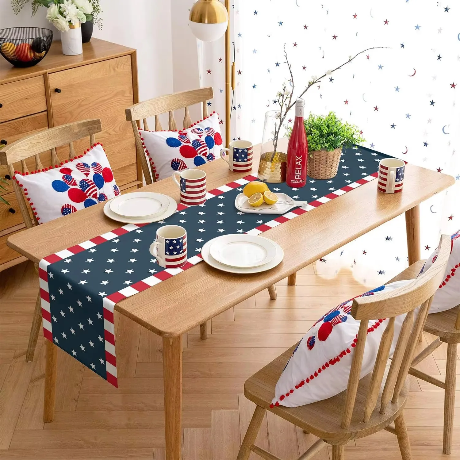 Independence Day Table Runner Linen, 4th of July Washable Farmhouse Decor for Kitchen Party and Holiday Setting