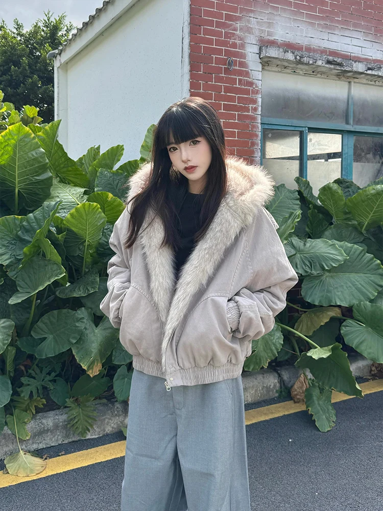 

Thiened ort Куртка с меховым воротником Youth Faion Зимнее теплое хлопковое пальто для мужчин и женщин в стиле ретро в американском стиле с застежкой-молнией