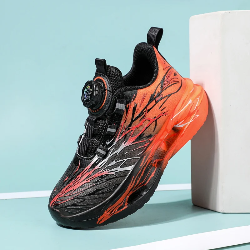 Boys Basketball Sneakers Rotary Buckle Kids Sports Shoes Flame Print Air Cushion Sole Breathable Children Training Running Shoes