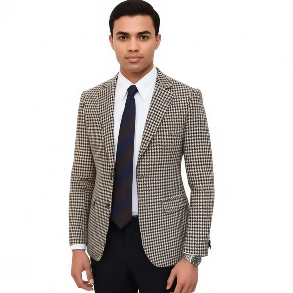 

Men's Houndstooth Tuxedo Jacket Smoking Black And White Checkered Blazer American Style Notch Lapel Wedding Formal Wear 1 Piece