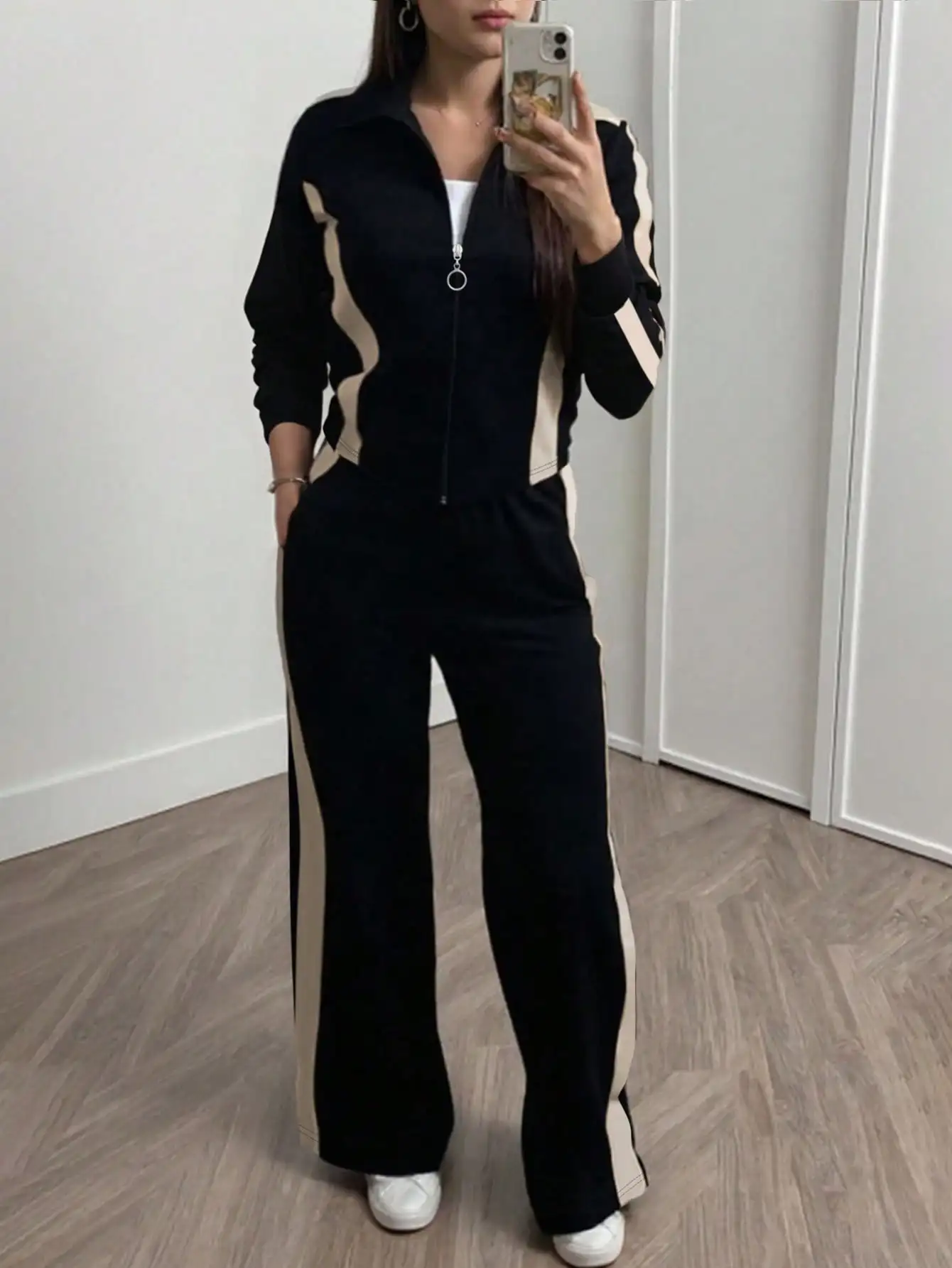 

Spring and autumn women's new style: striped printed long-sleeve top and jacket with casual versatile straight-leg pants set, two-piece set