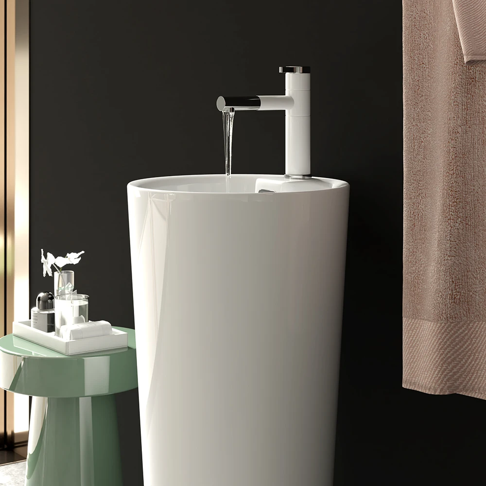 Round Freestanding Ceramic Wash Basin Modern Integrated Pedestal Sink For Bathroom Small Apartment Hotel