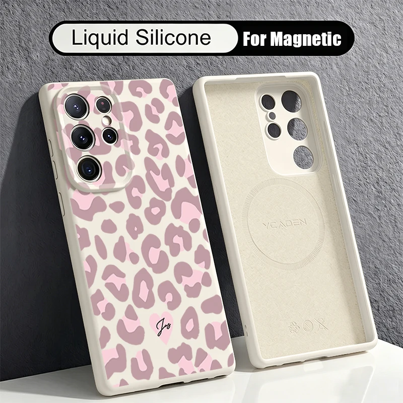Liquid Silicone Magnetic Phone Case For Samsung Galaxy S26 S25 S24 Ultra Plus S23 S22 Ultra For Magsafe Leopard Patterned Cover