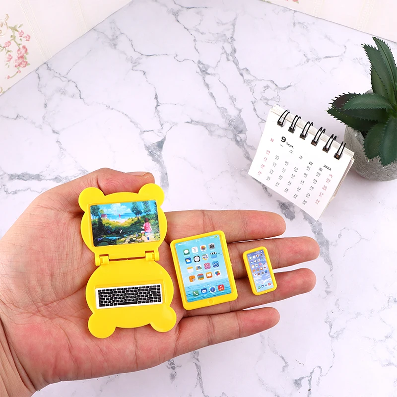 Dollhouse Miniature Folding Laptop Model ComputerTablet Phone Three piece Set Miniature Doll House Office Scene Home Decor Toy