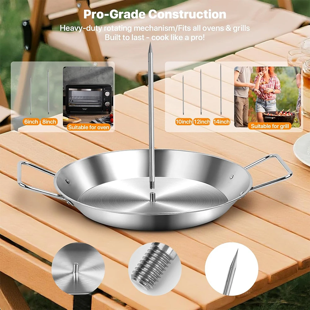 LMETJMA Stainless Steel Vertical Al Pastor Skewer with Plate for Outdoor BBQ Grills Brazilian Vertical Baking Spit Stand