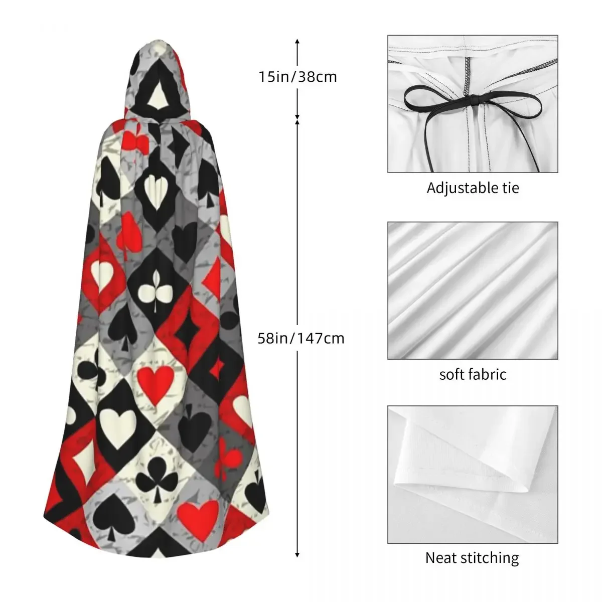 Playing Cards Poker Print Long Hooded Cloak Witch Medieval Costume Cosplay Cape HalloweenVampire Adult Unisex