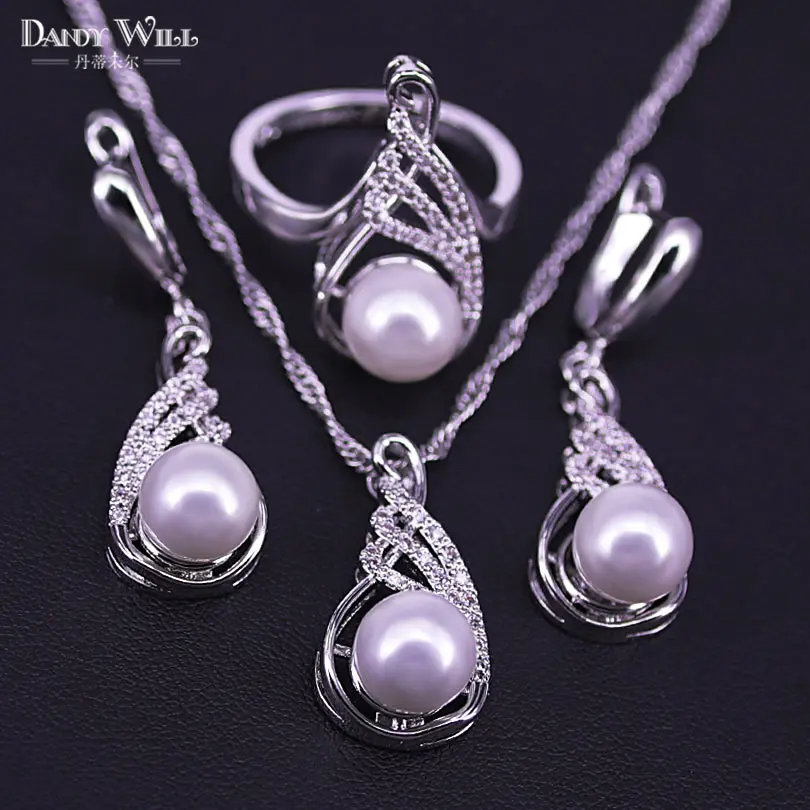 white pearl white zircon silver 925 costume jewelry for women drop earrings necklace ring set big sale